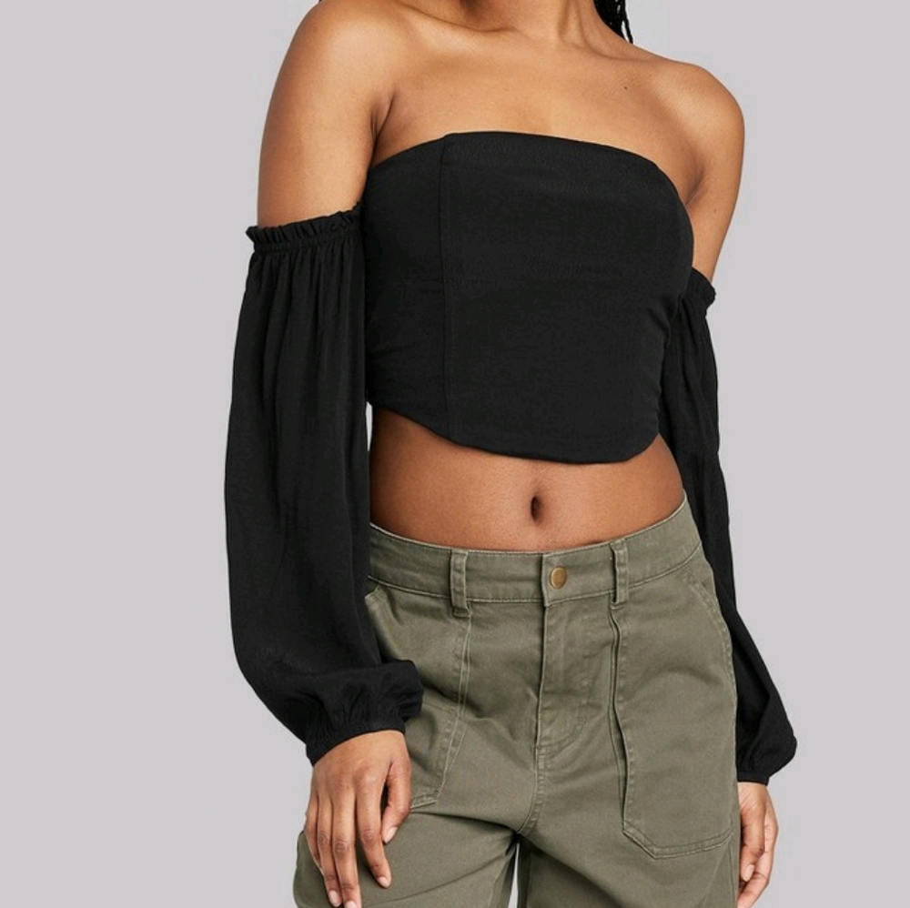 NWT Women's Balloon Long Sleeve Off the Shoulder Top - Wild Fable™ Black XL